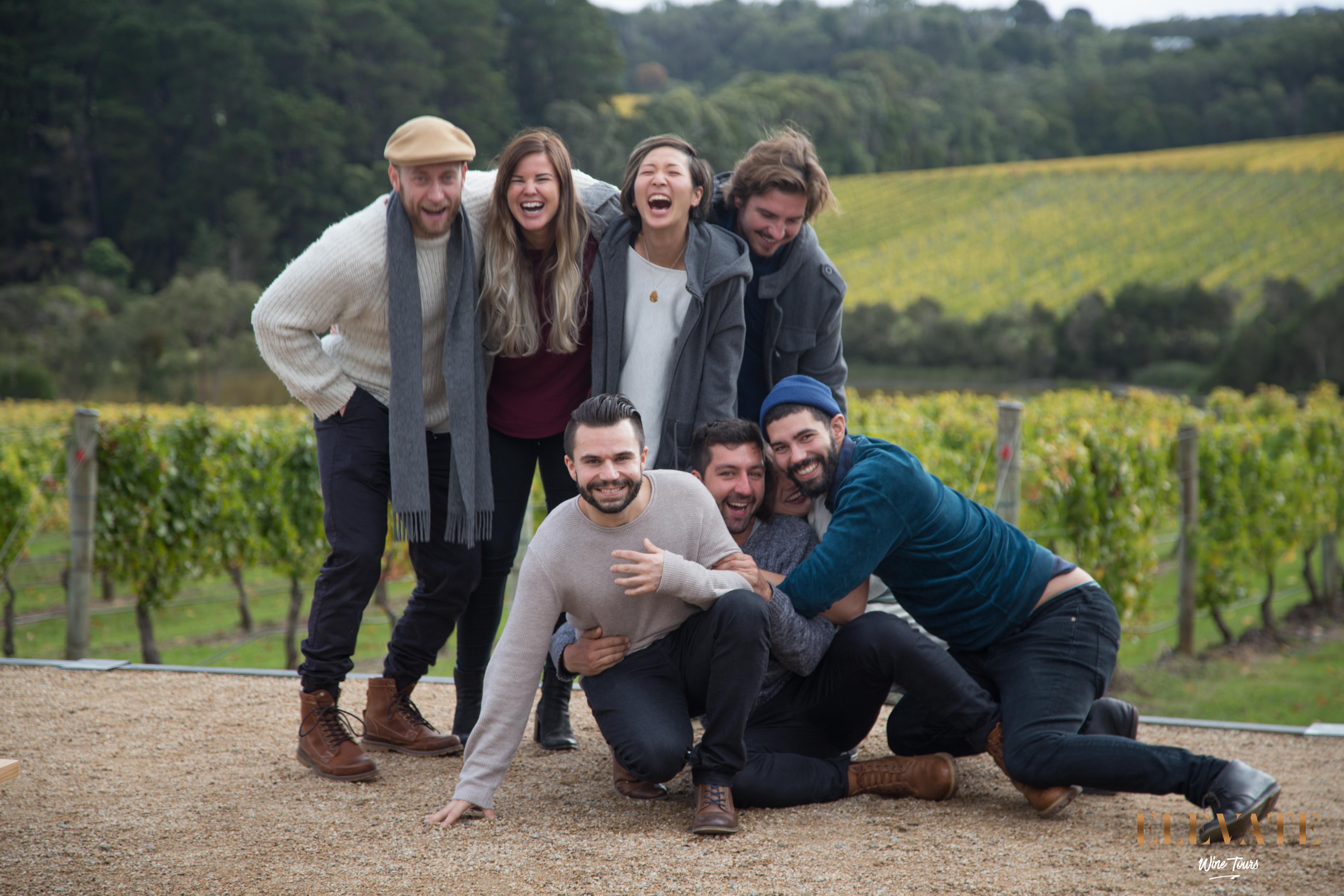 Group Photo in front of the vines at Rare Hare on the Mornington Peninsula